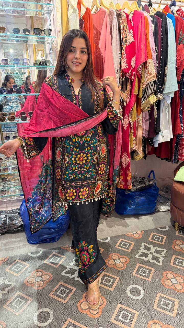 Black floral thread work kurta set with dupatta