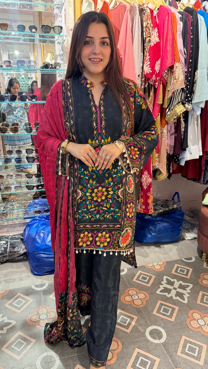 Black floral thread work kurta set with dupatta