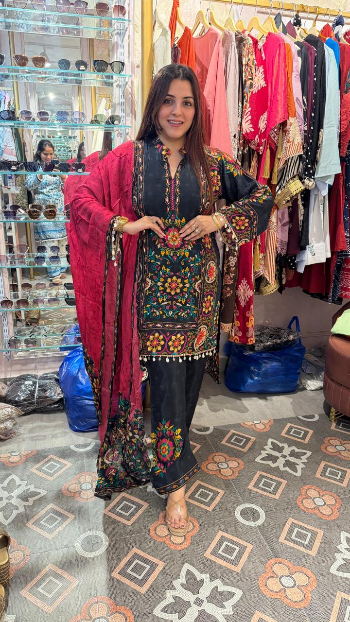 Black floral thread work kurta set with dupatta