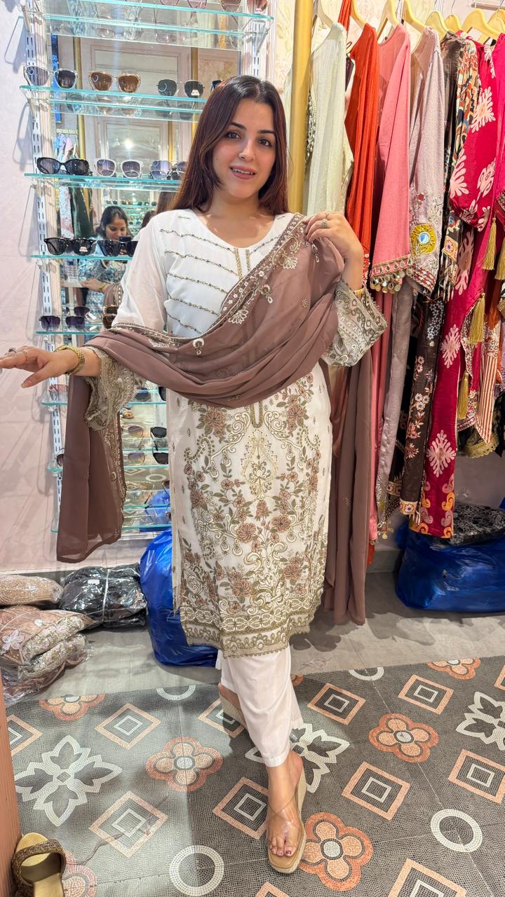 Straight long kurta with matching pants and elegant draped dupatta