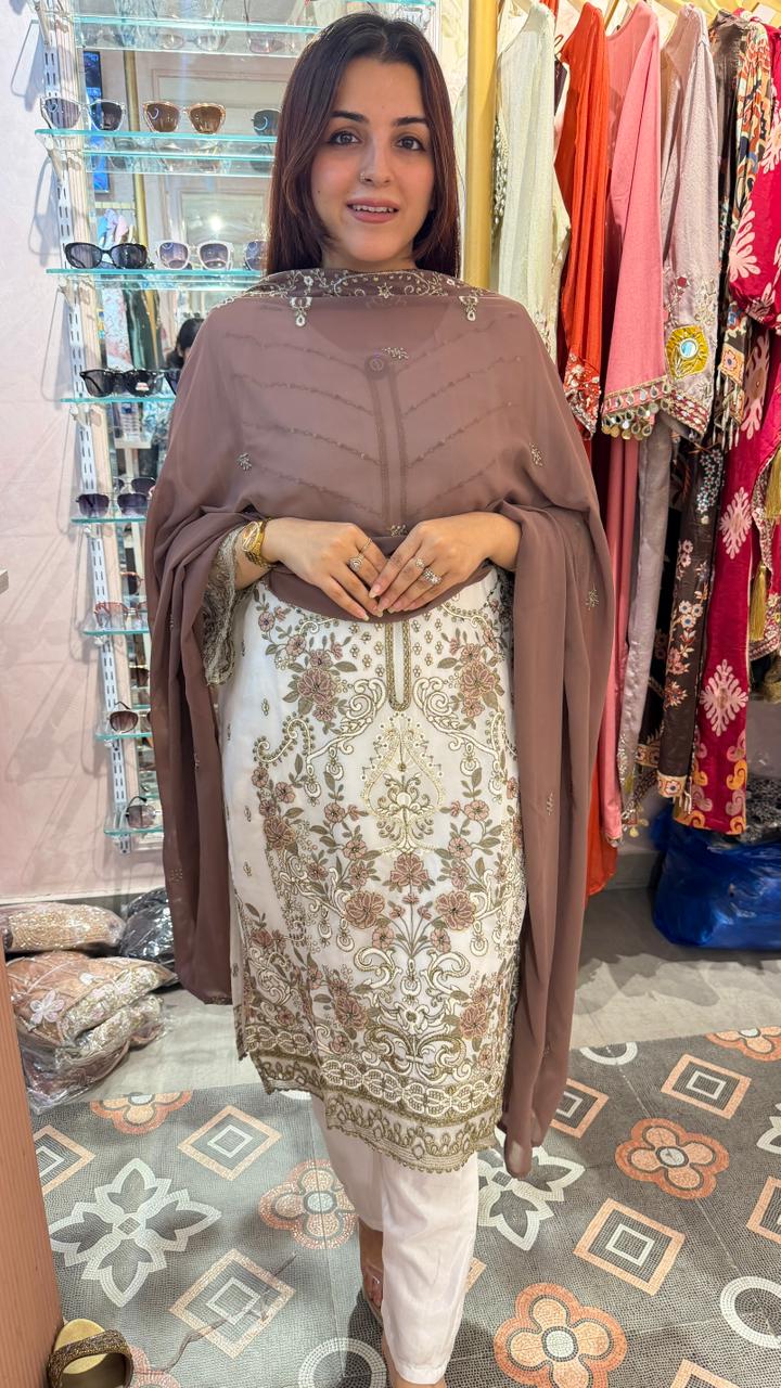 Straight long kurta with matching pants and elegant draped dupatta