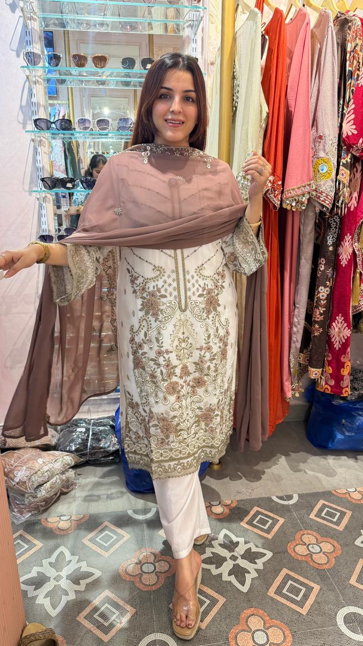 Straight long kurta with matching pants and elegant draped dupatta