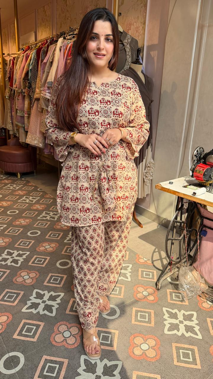 Beige elephant print cotton co-ord suit.