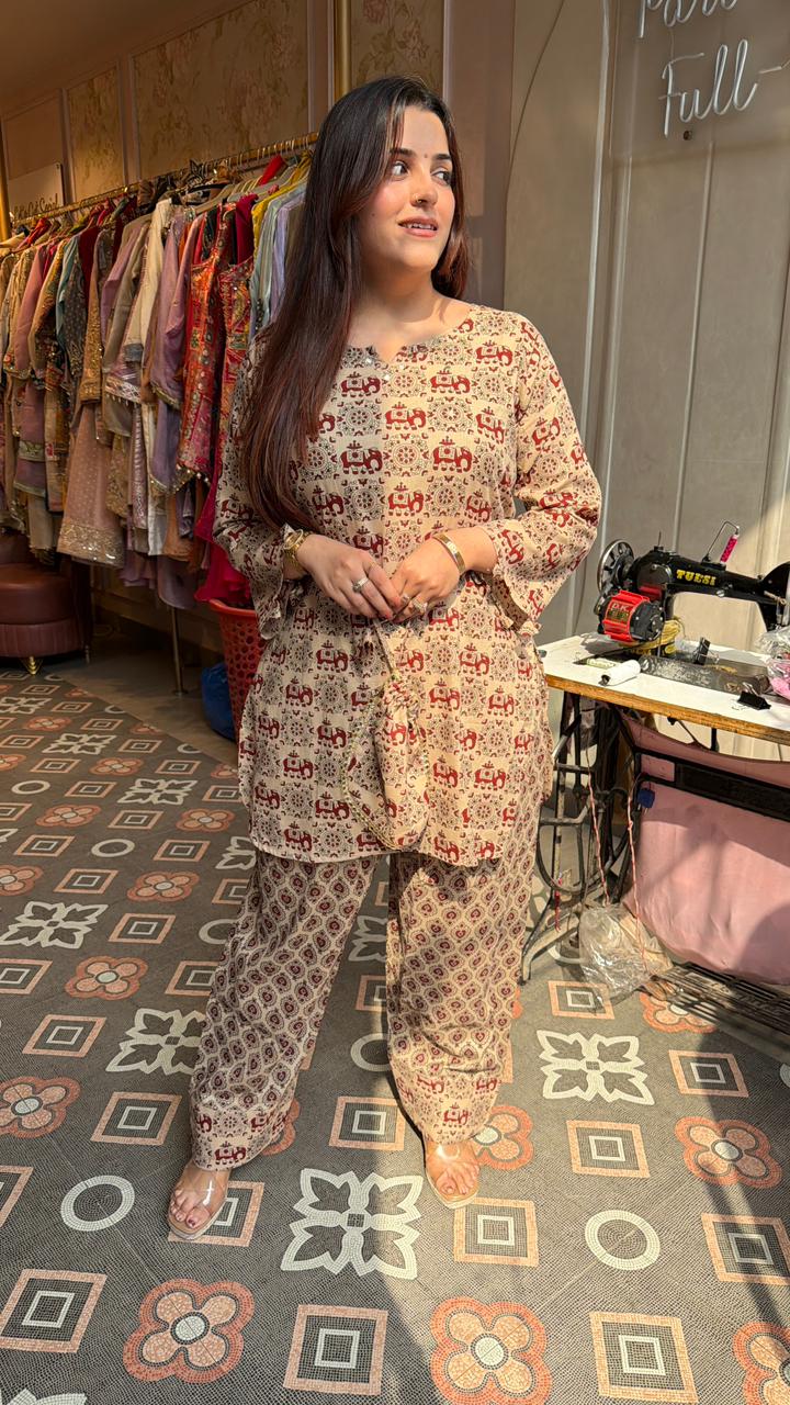 Beige elephant print cotton co-ord suit.