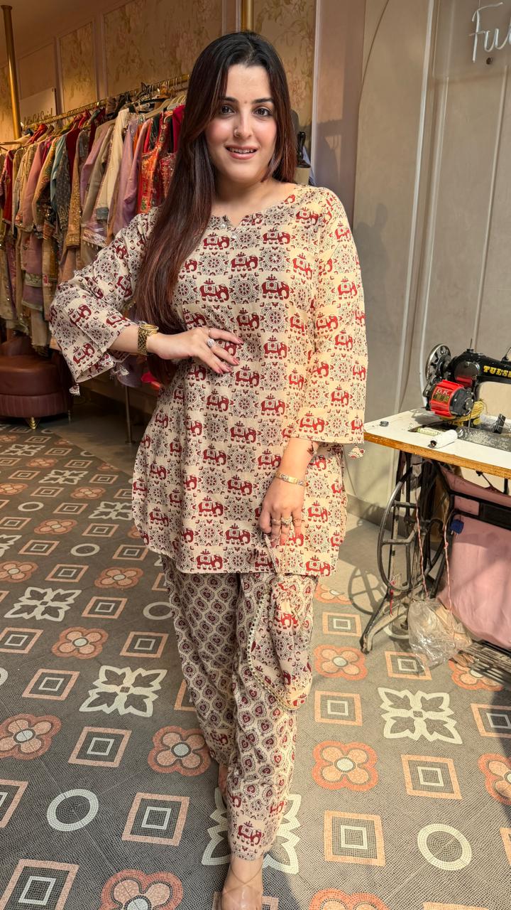Beige elephant print cotton co-ord suit.