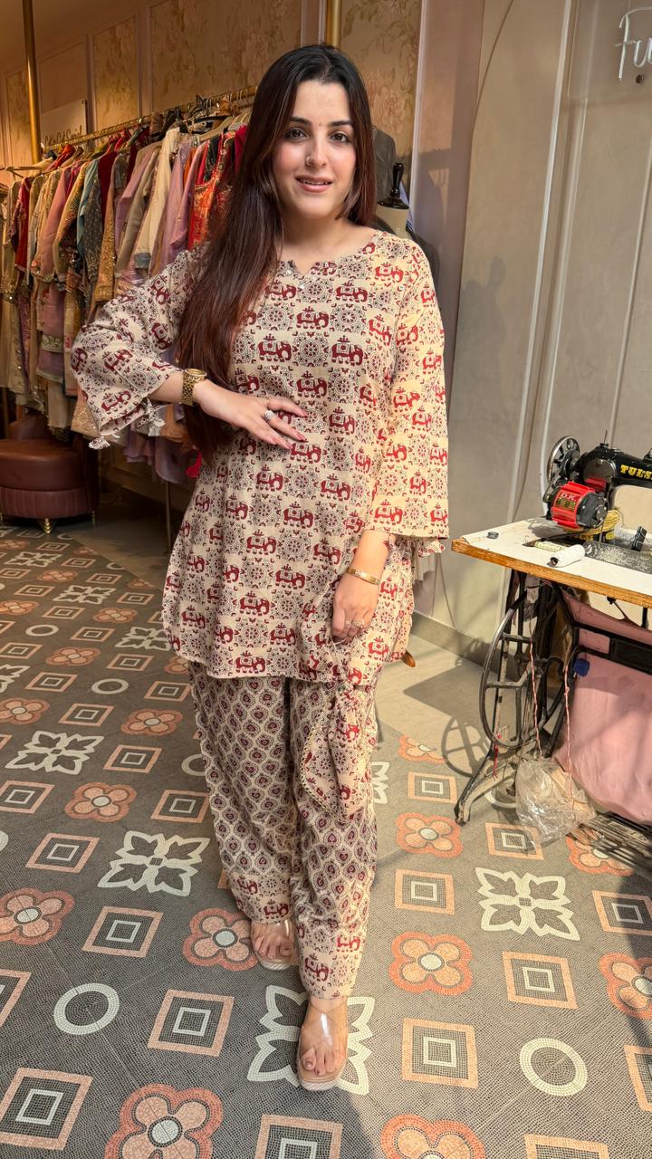 Beige elephant print cotton co-ord suit.