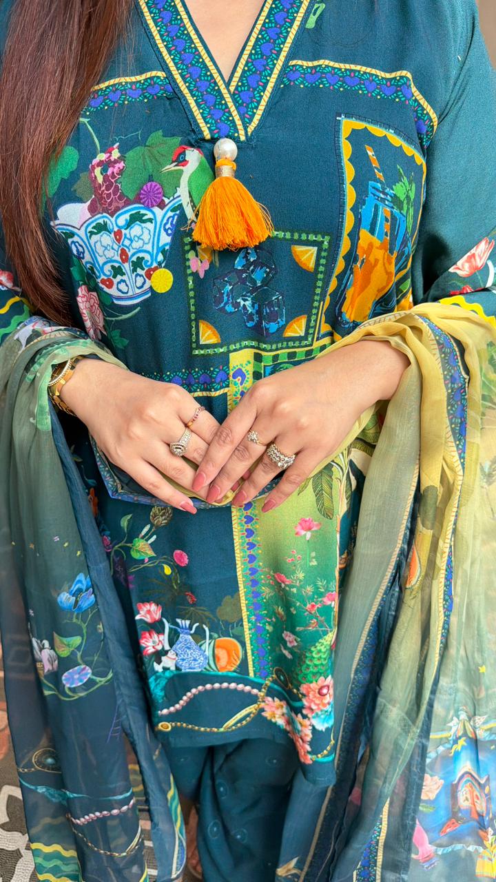 Straight long thread kurta with matching pants and flowy dupatta
