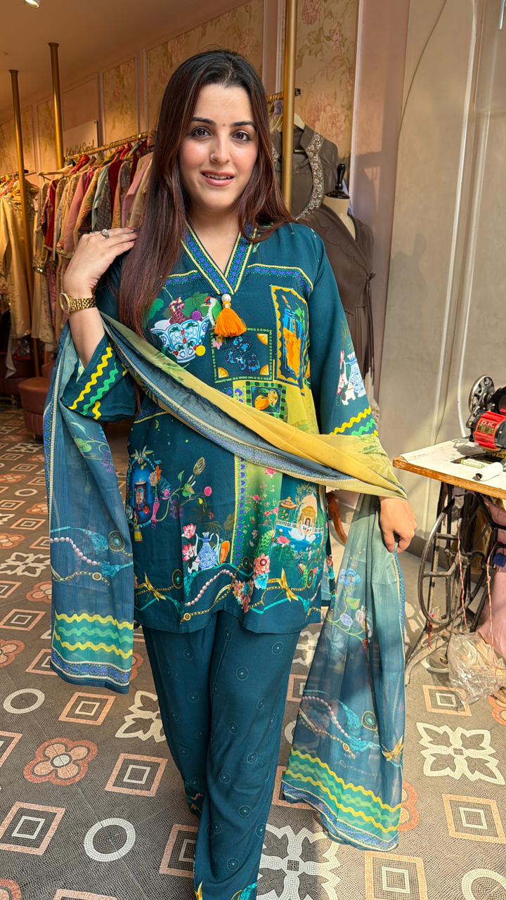 Straight long thread kurta with matching pants and flowy dupatta