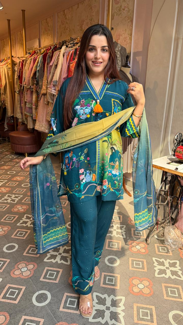 Straight long thread kurta with matching pants and flowy dupatta