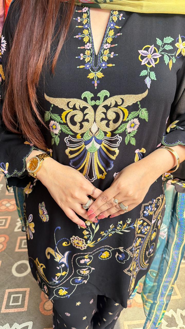 Black floral thread embroidered Pakistani suit