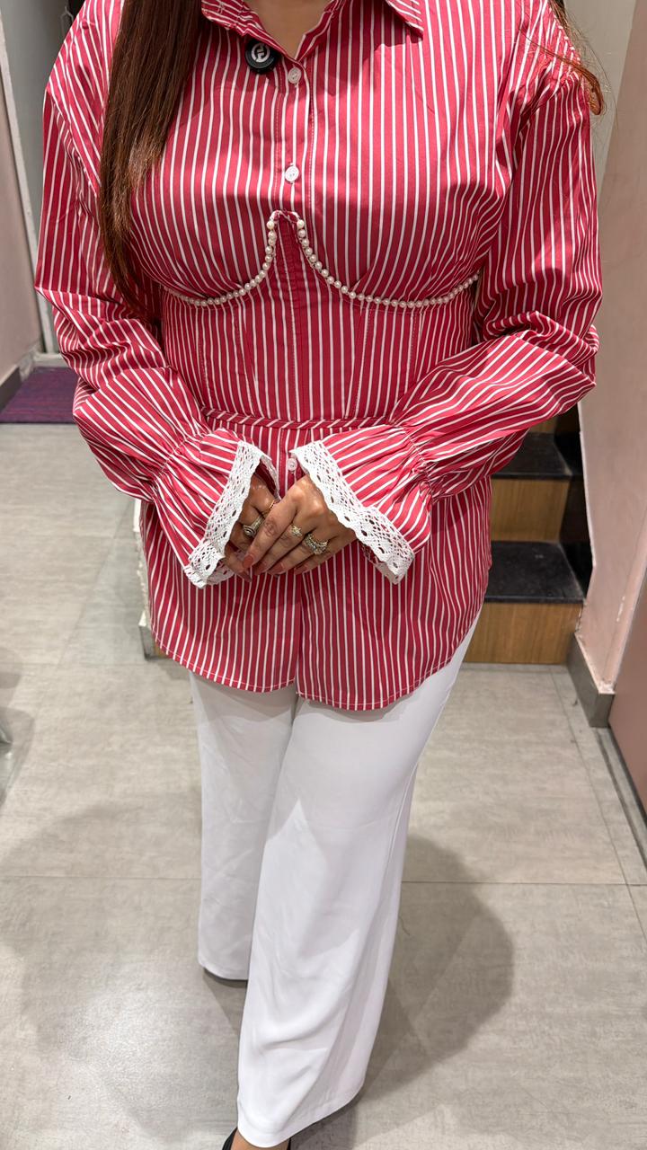 Striped shirt top with gathered waist detail
