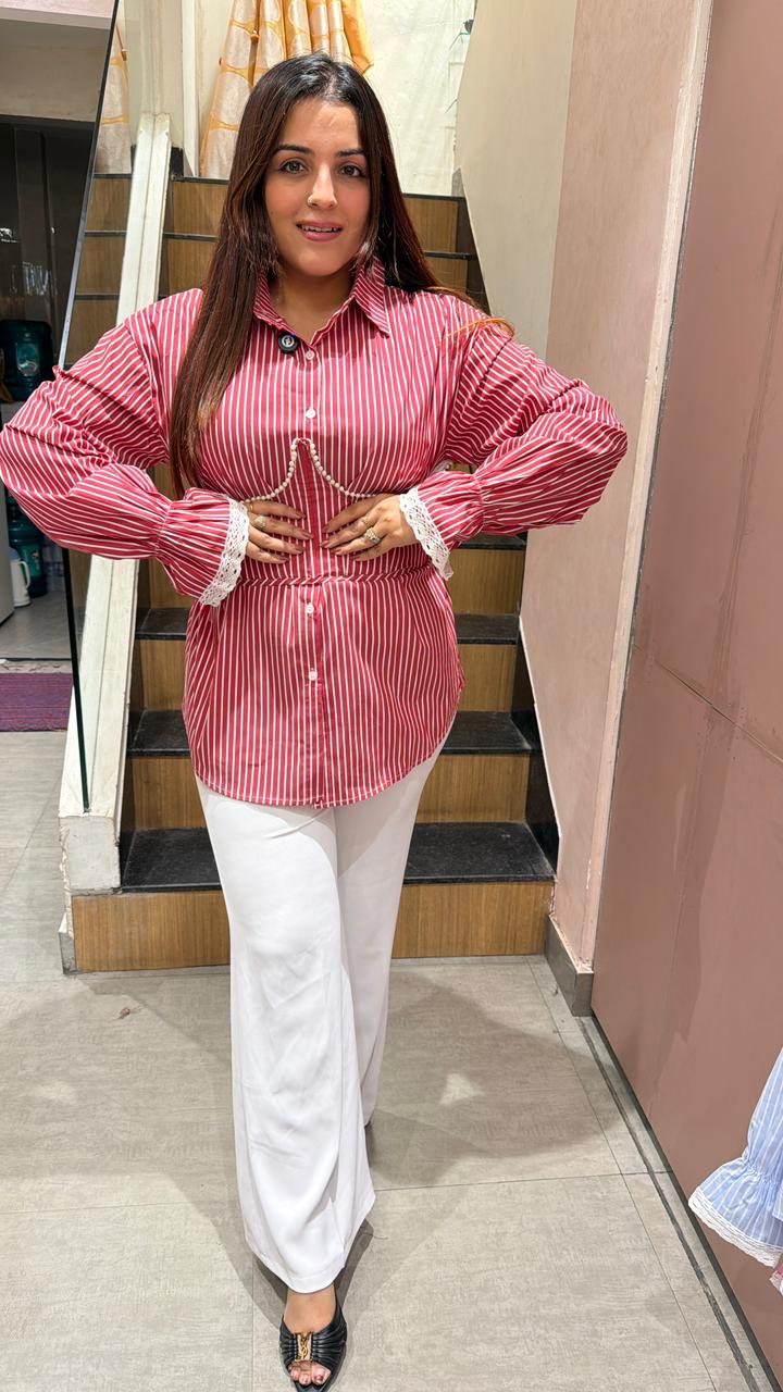 Striped shirt top with gathered waist detail