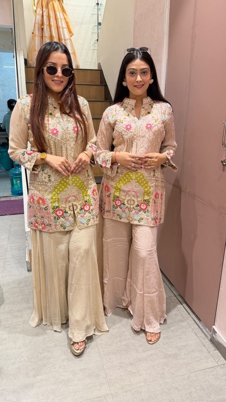 Indo-Western Embroidered Short Kurti with Sharara Pants