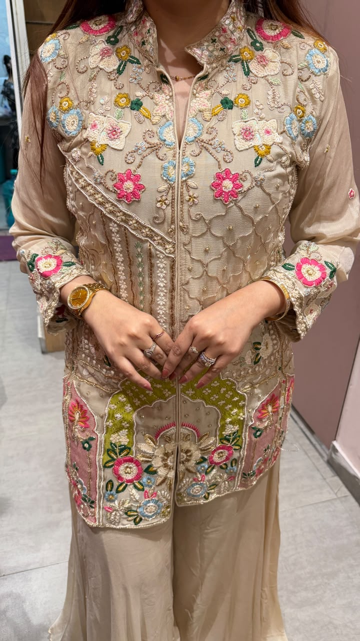 Indo-Western Embroidered Short Kurti with Sharara Pants