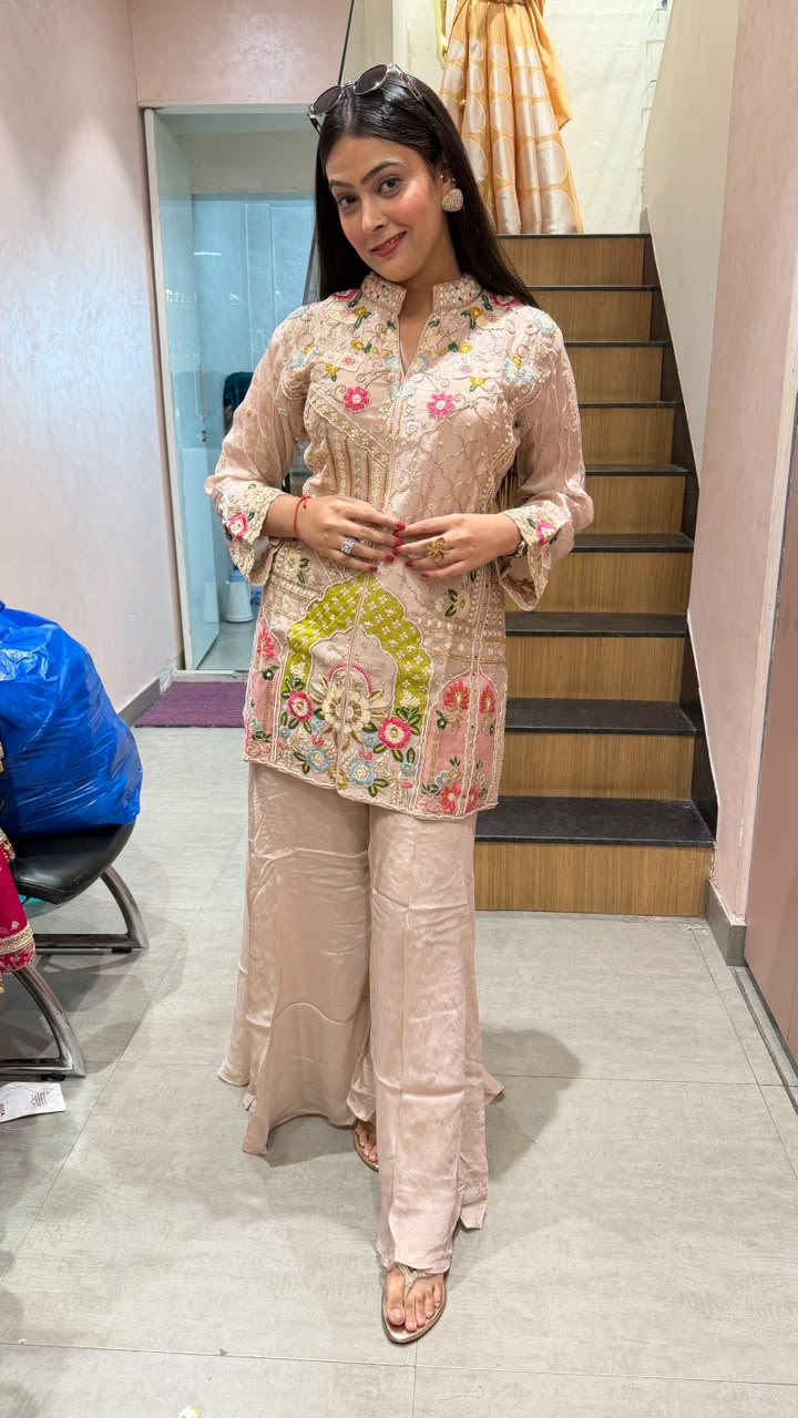 Indo-Western Embroidered Short Kurti with Sharara Pants