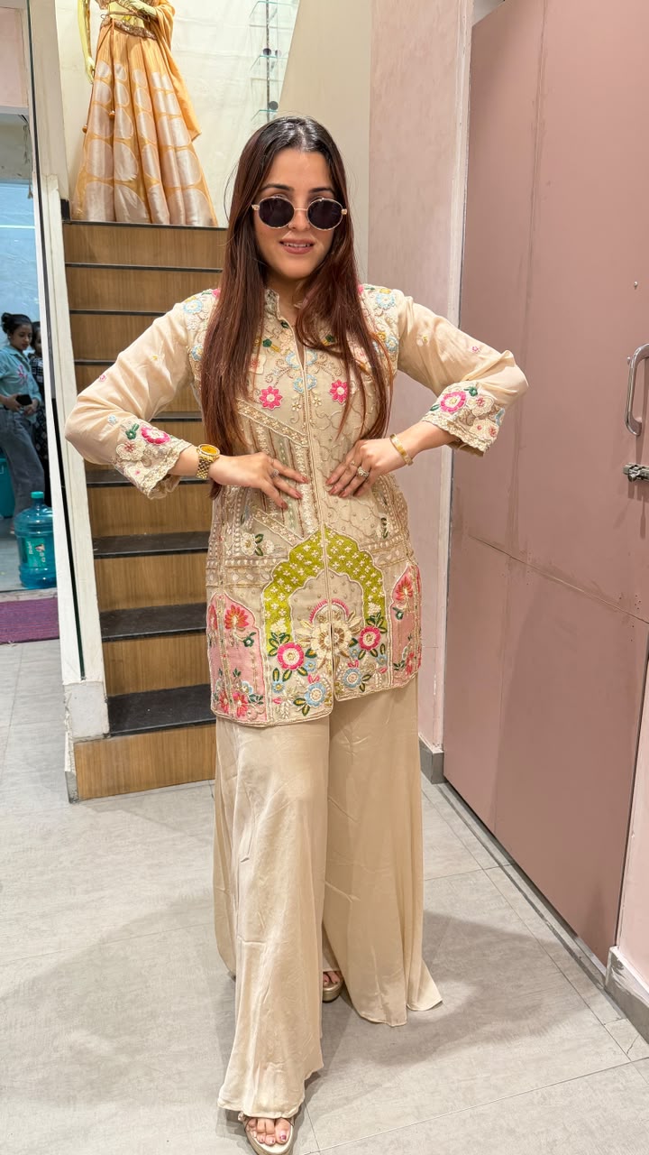Indo-Western Embroidered Short Kurti with Sharara Pants