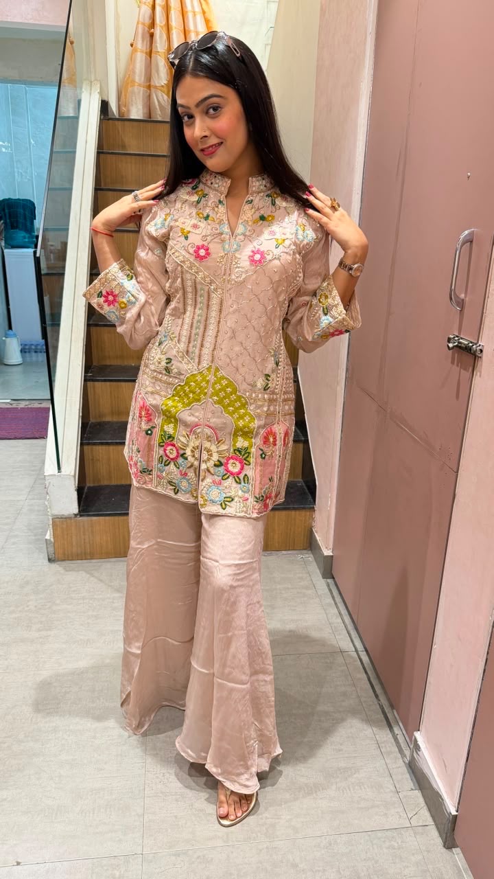 Indo-Western Embroidered Short Kurti with Sharara Pants
