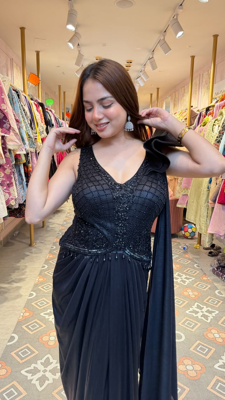 Black Embellished Drape Saree Gown