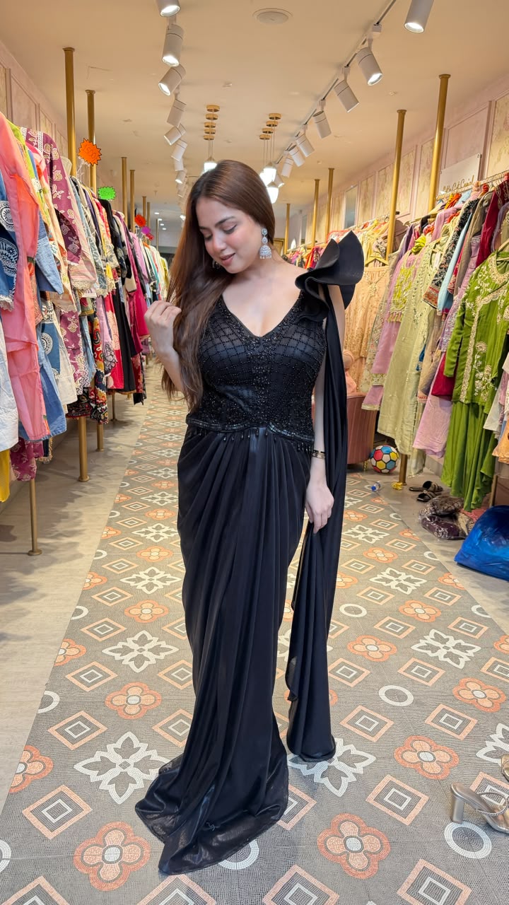 Black Embellished Drape Saree Gown