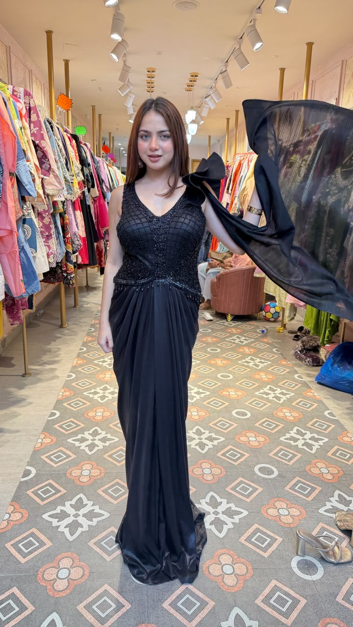 Black Embellished Drape Saree Gown