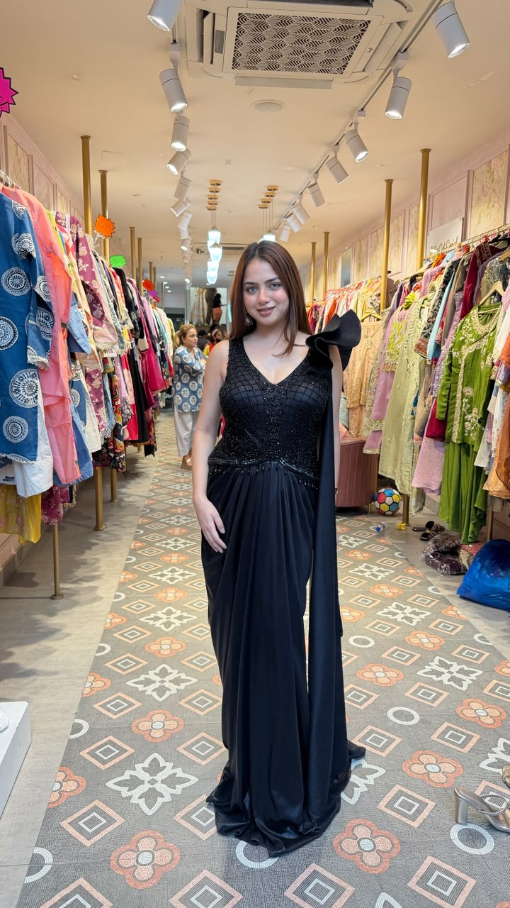 Black Embellished Drape Saree Gown