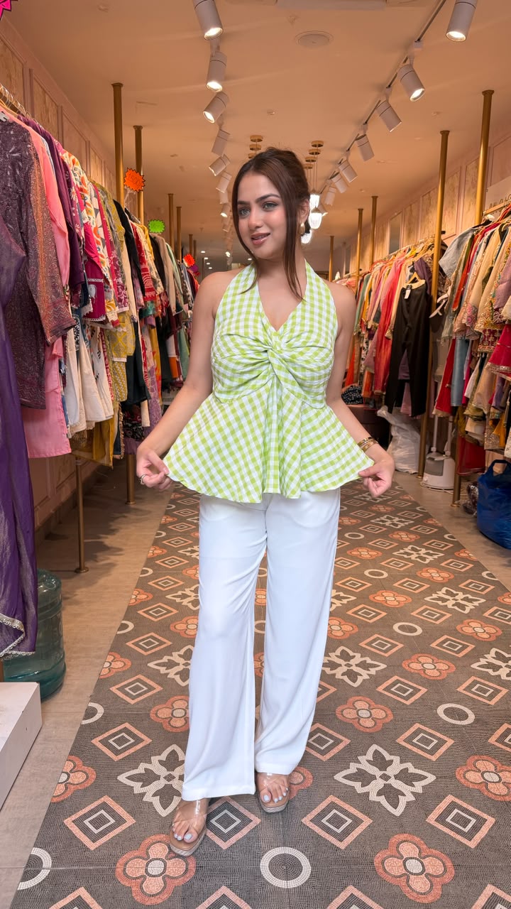 Lime Green Gingham Twist Front Halter Peplum Top