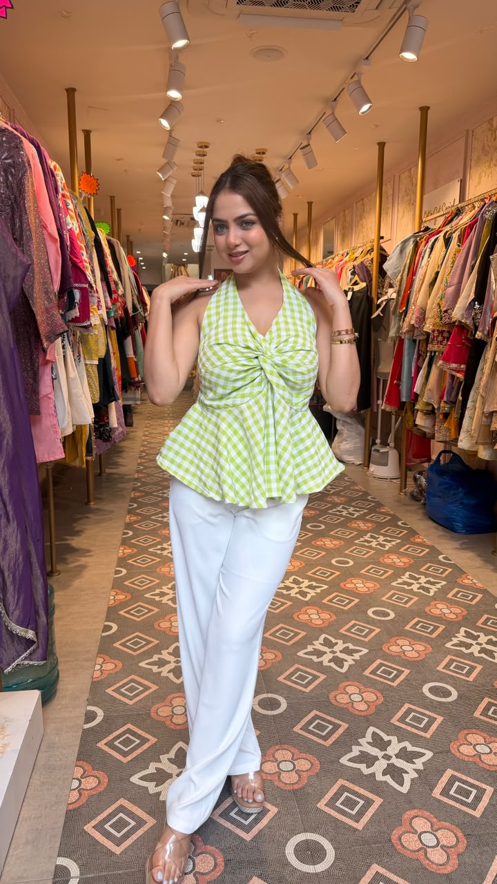 Lime Green Gingham Twist Front Halter Peplum Top