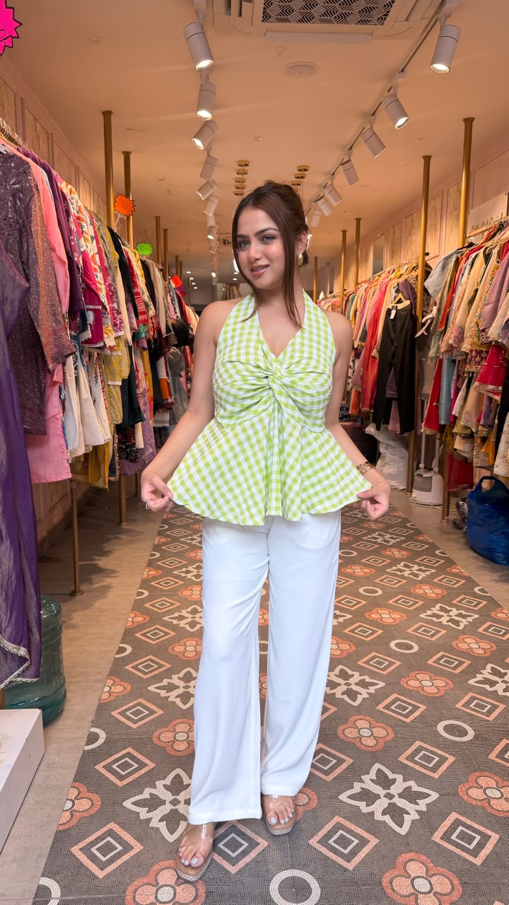 Lime Green Gingham Twist Front Halter Peplum Top