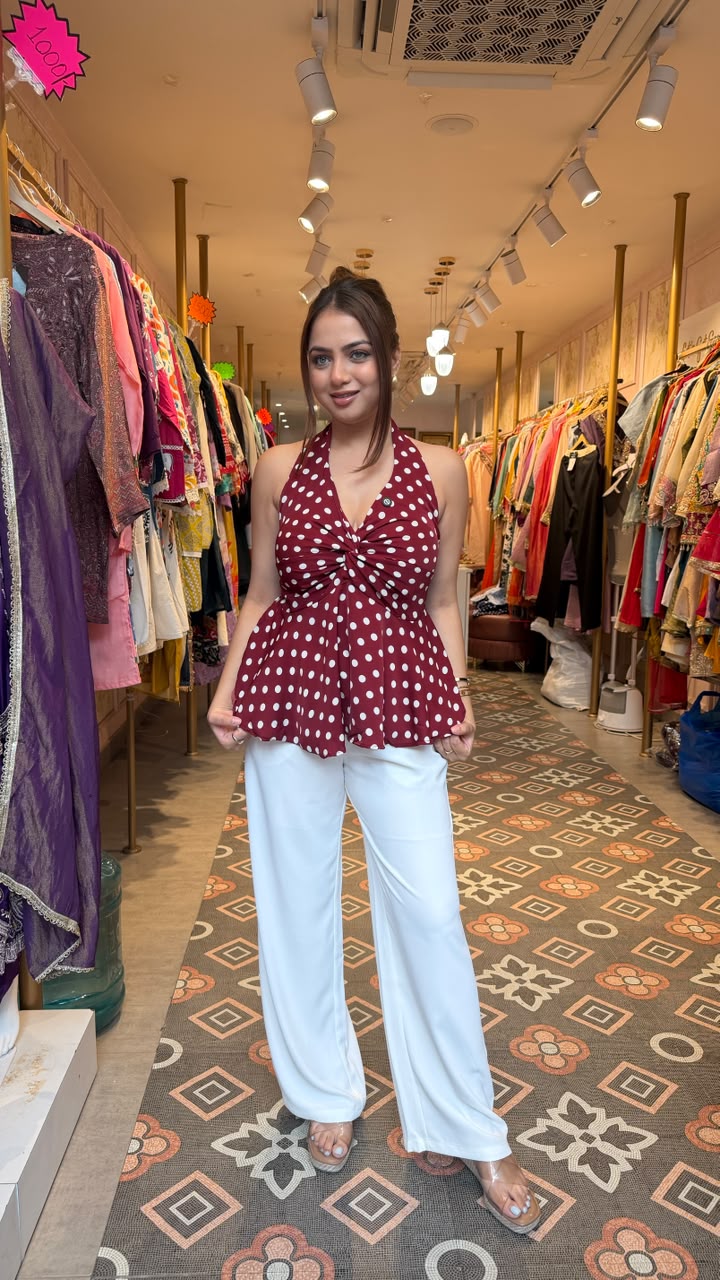 Polka Dot Twist Front Halter Peplum Top