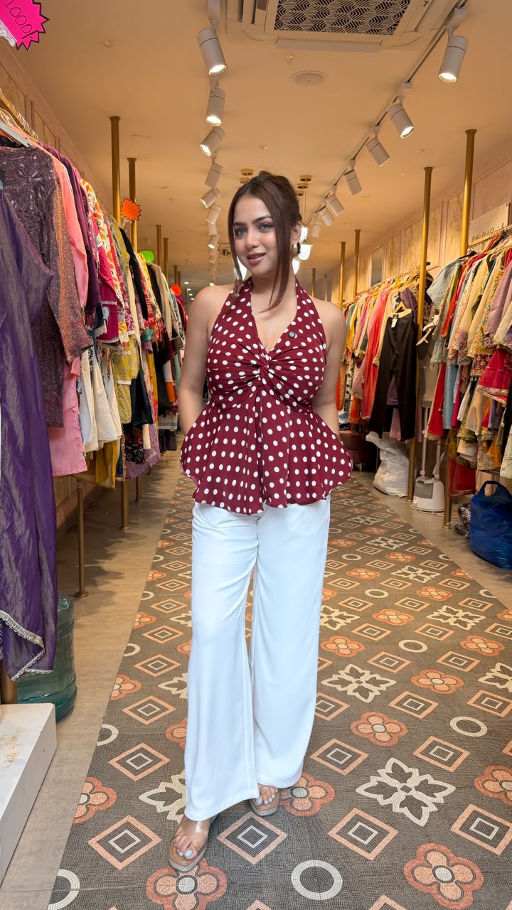 Polka Dot Twist Front Halter Peplum Top