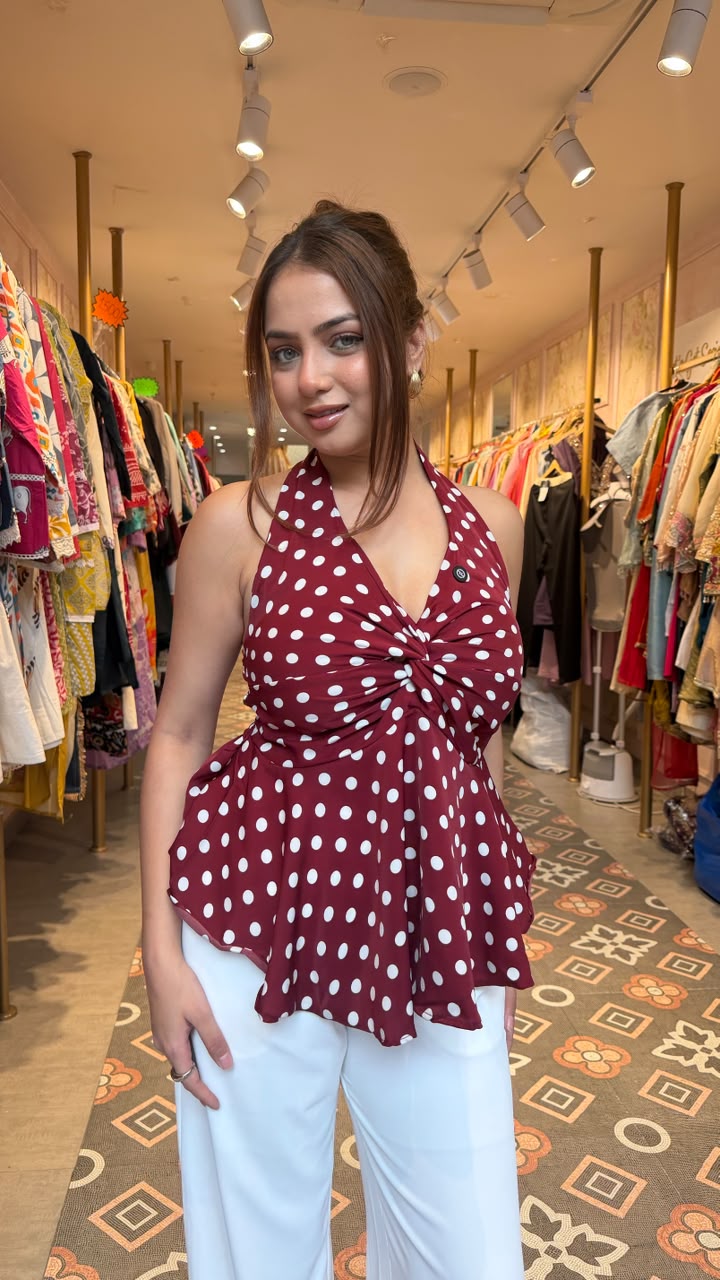 Polka Dot Twist Front Halter Peplum Top