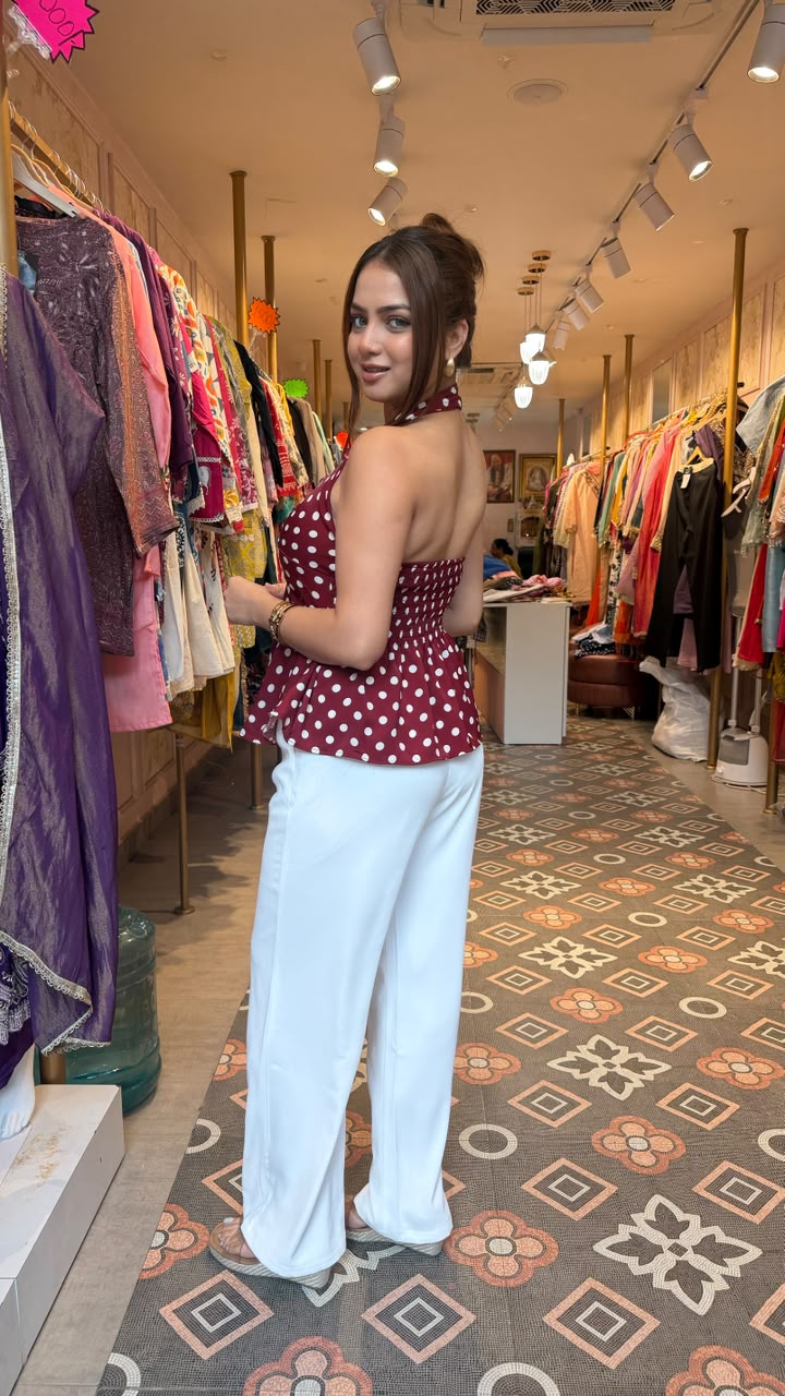 Polka Dot Twist Front Halter Peplum Top