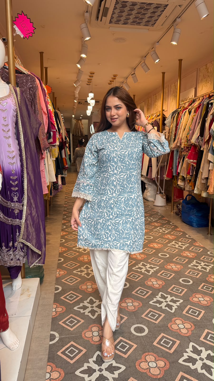 Powder Blue Floral Printed Kurta Lace Trim Tulip Pants
