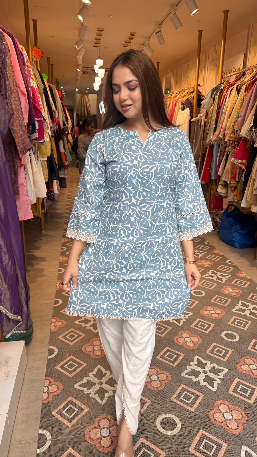 Powder Blue Floral Printed Kurta Lace Trim Tulip Pants