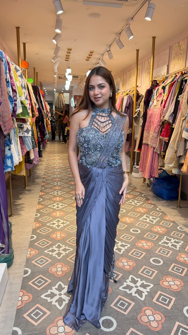 Steel Blue Embellished Pre-Draped Saree Gown