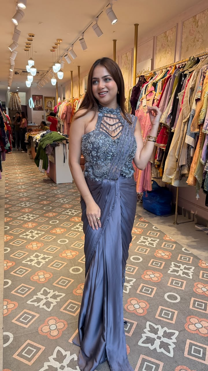 Steel Blue Embellished Pre-Draped Saree Gown