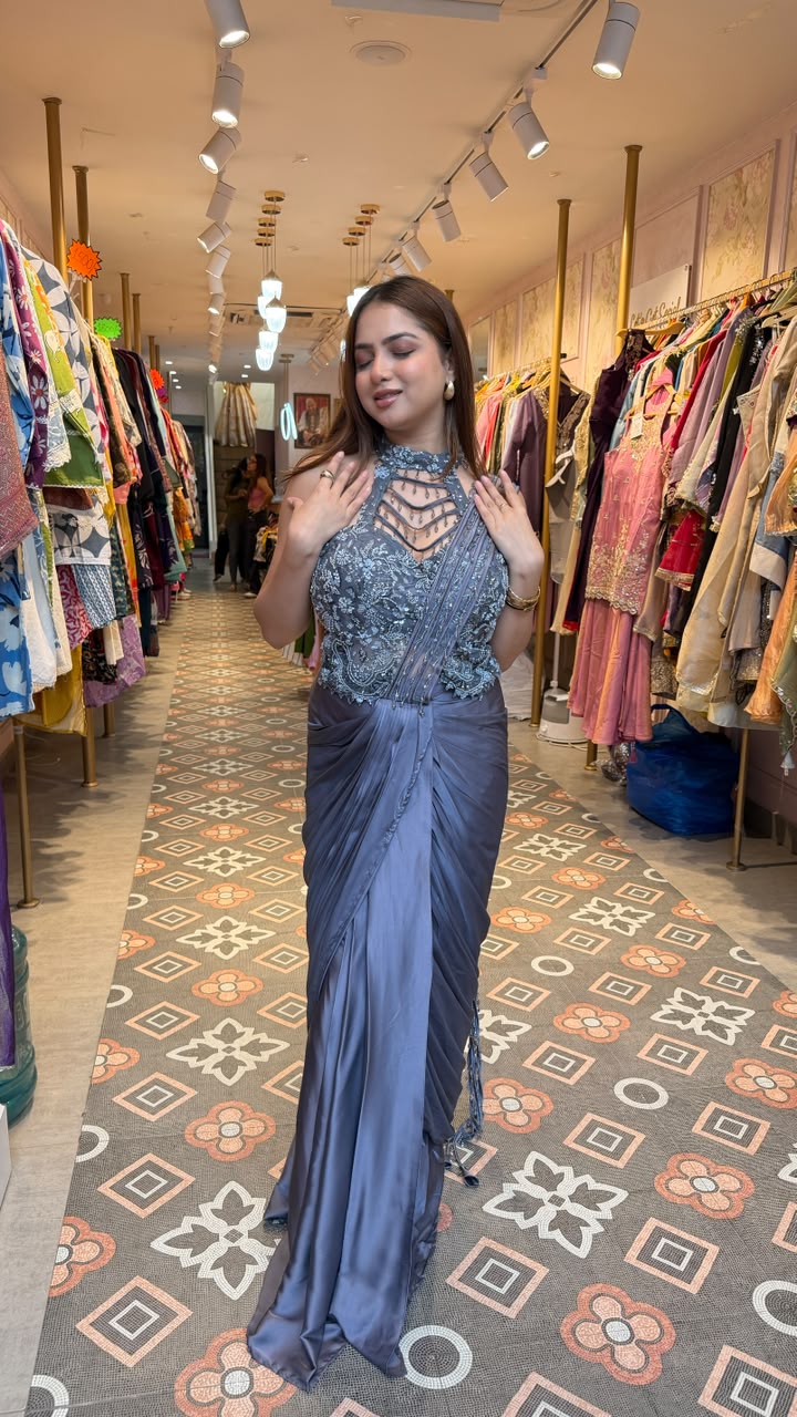 Steel Blue Embellished Pre-Draped Saree Gown
