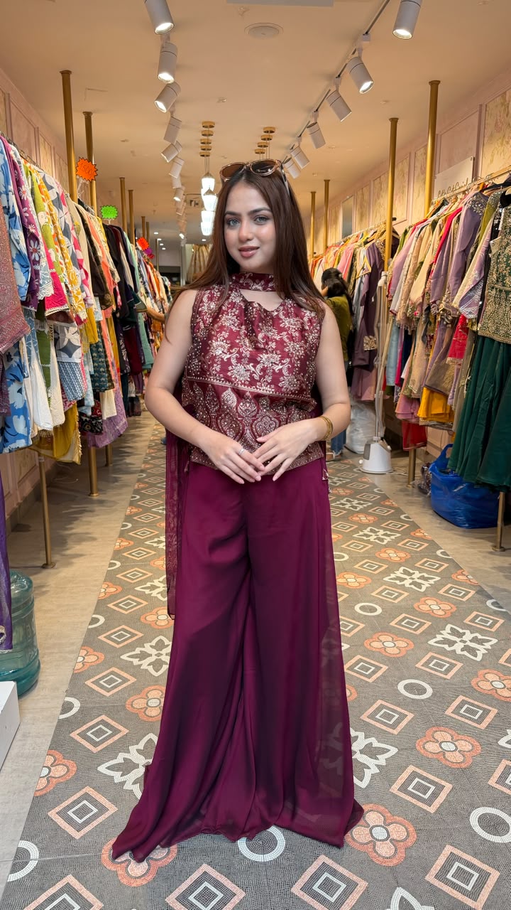 Floral Embroidered Cape Palazzo Co-ord Set