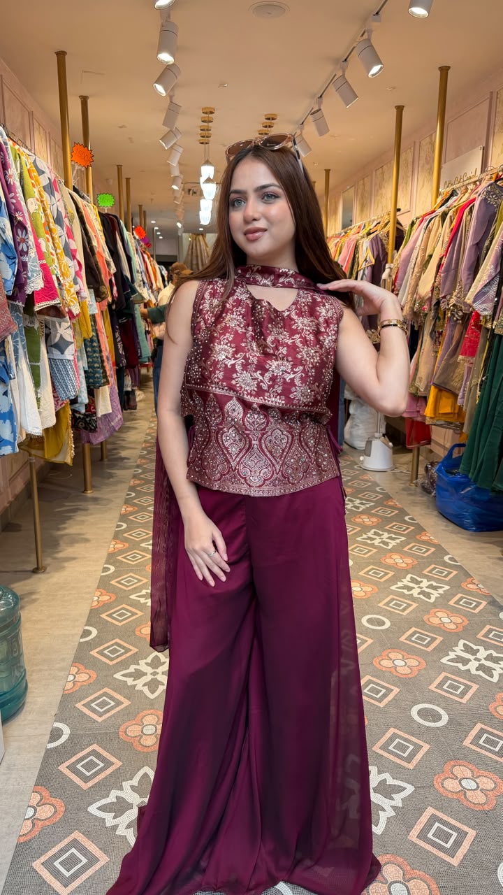 Floral Embroidered Cape Palazzo Co-ord Set