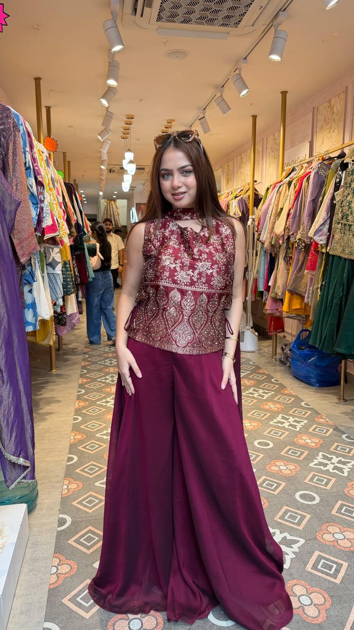 Floral Embroidered Cape Palazzo Co-ord Set