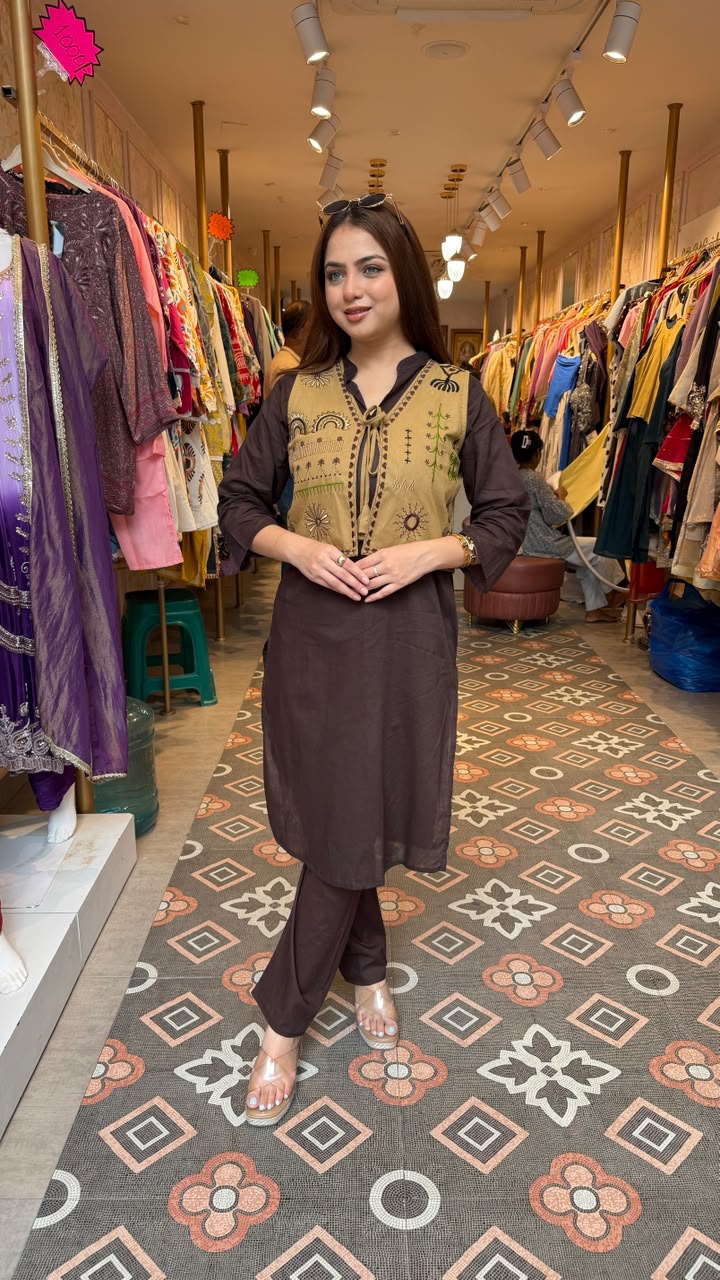 Rustic Emibroidered Layered Kurta Set