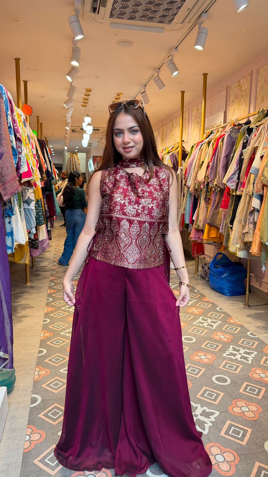 Floral Embroidered Cape Palazzo Co-ord Set