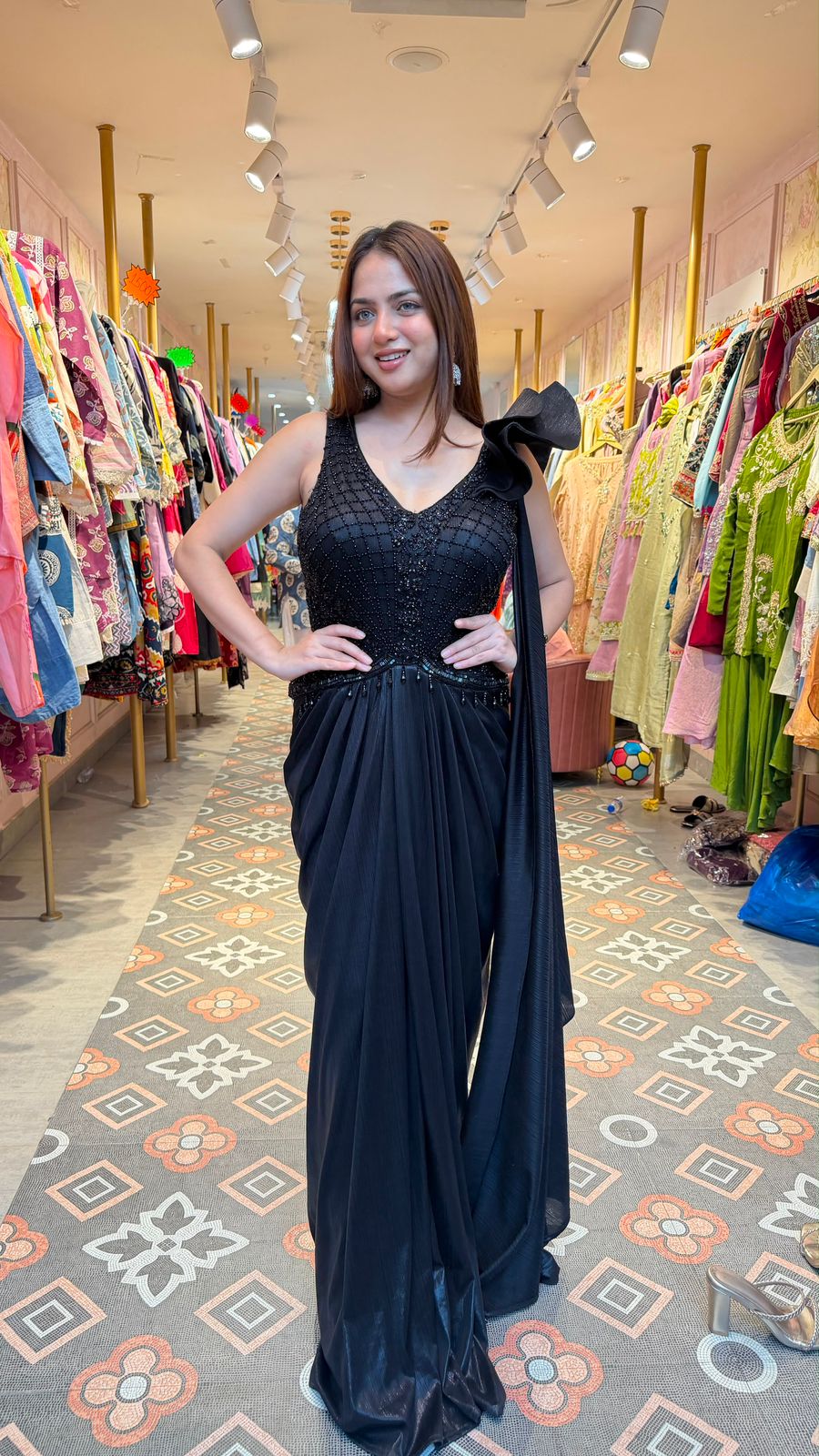 Black Embellished Drape Saree Gown