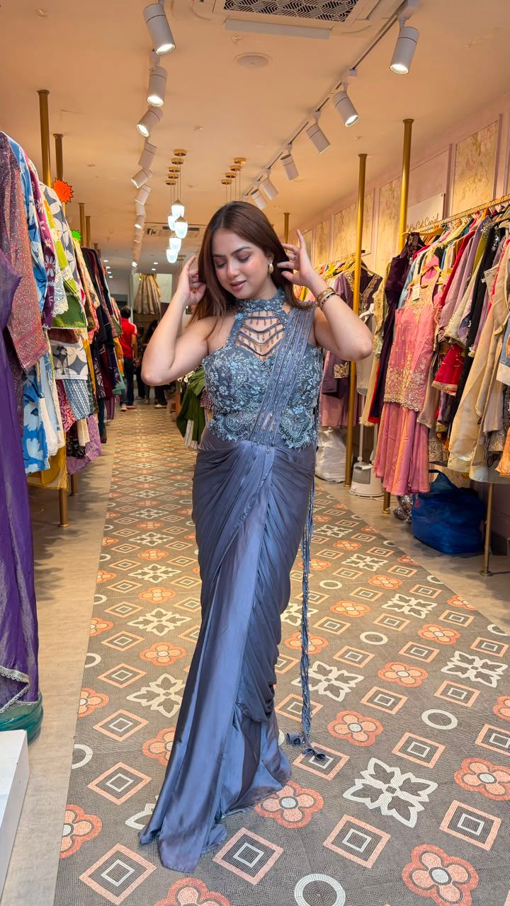 Steel Blue Embellished Pre-Draped Saree Gown