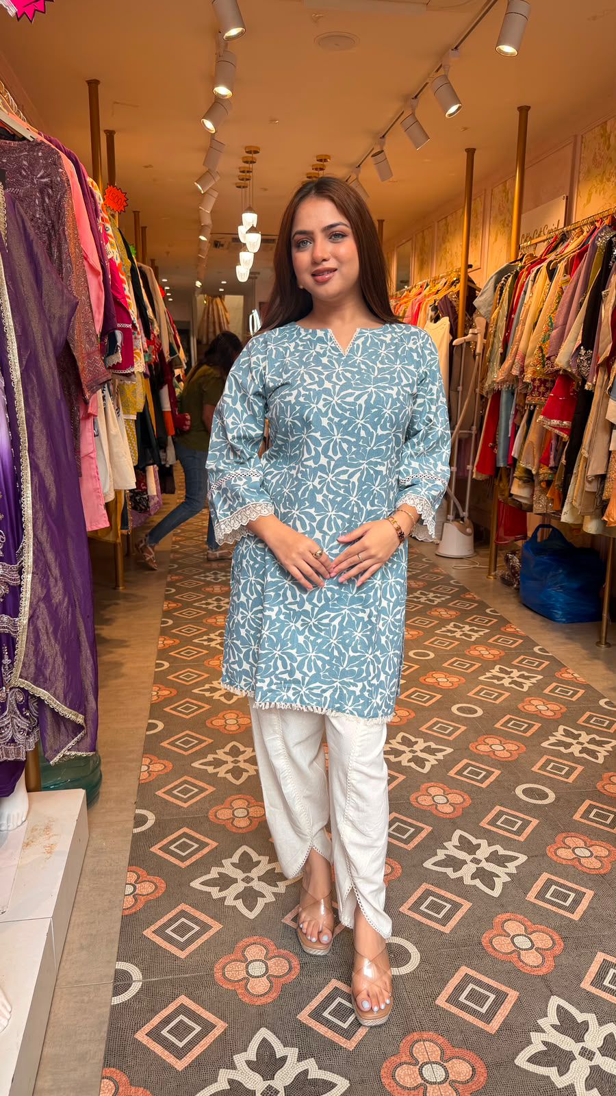 Powder Blue Floral Printed Kurta Lace Trim Tulip Pants