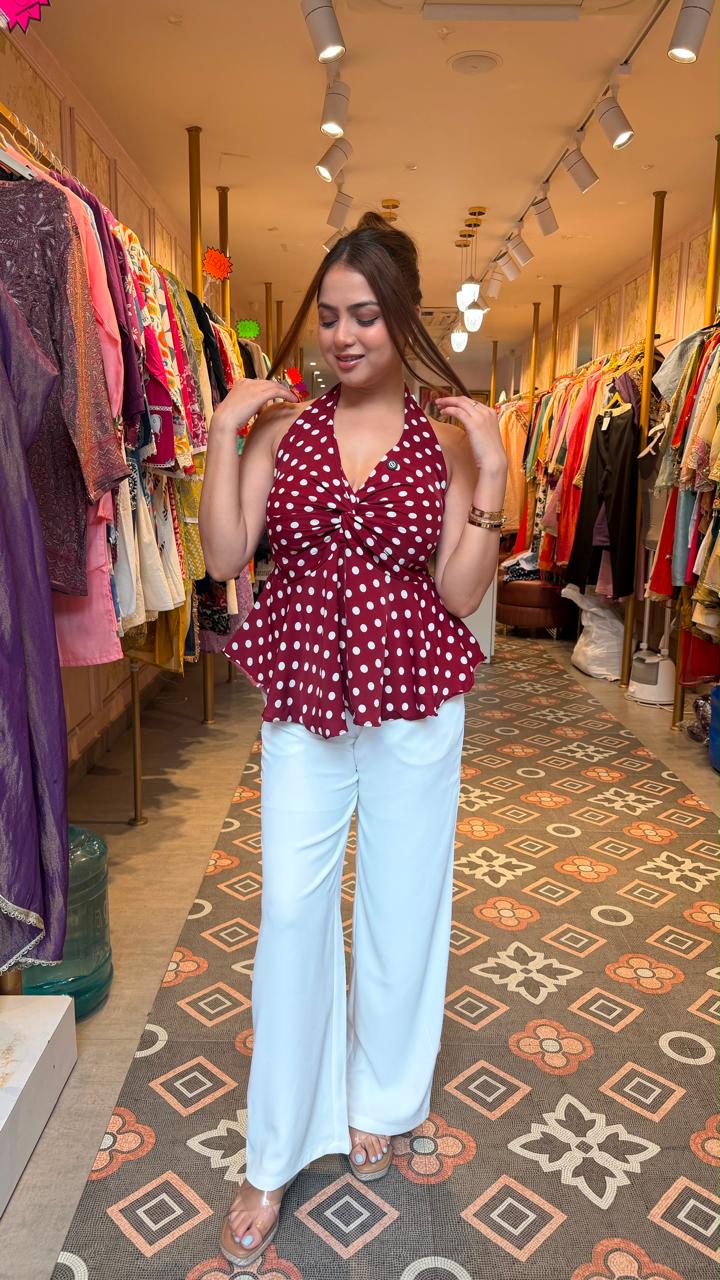 Polka Dot Twist Front Halter Peplum Top