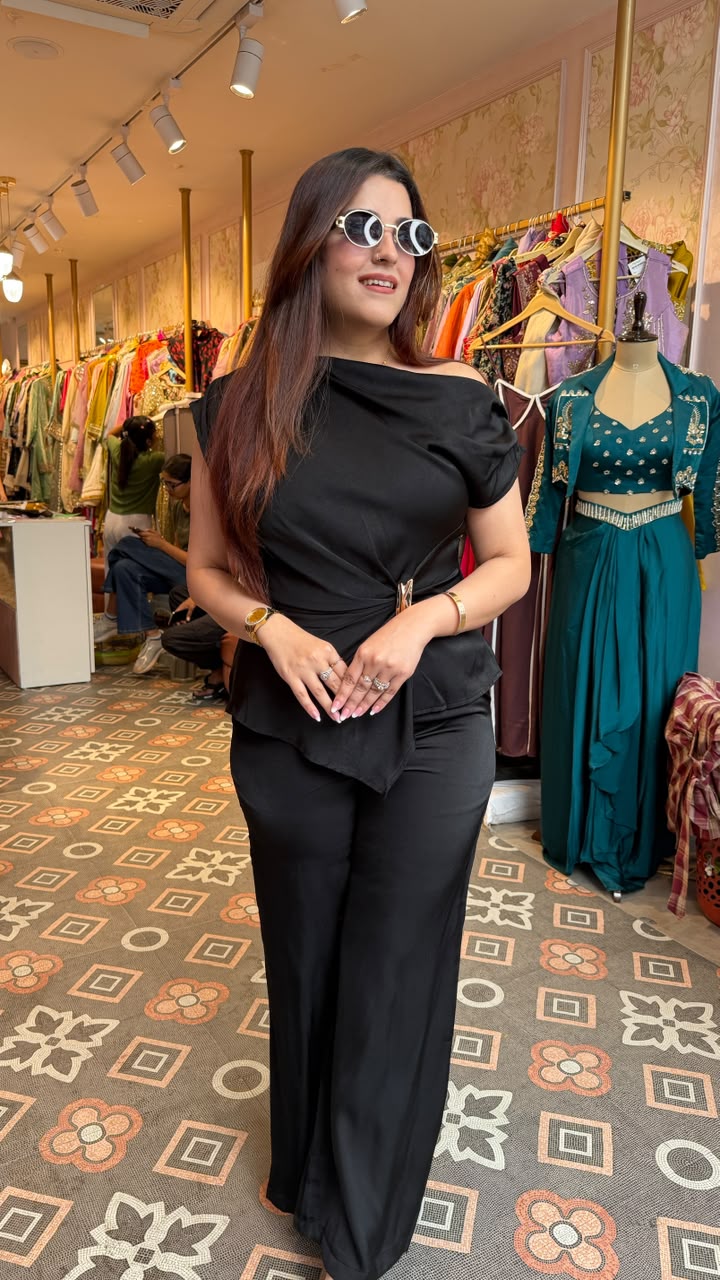 One-Shoulder Cowl Drape Top with Flared Pants