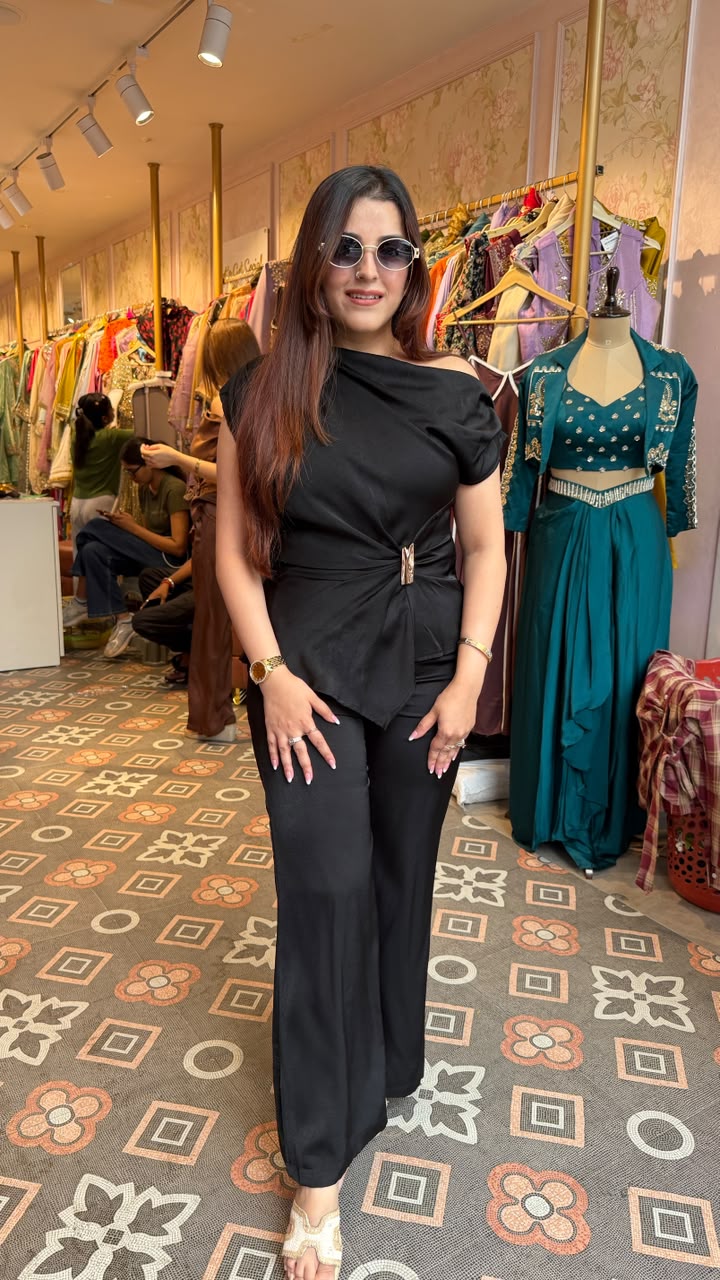 One-Shoulder Cowl Drape Top with Flared Pants