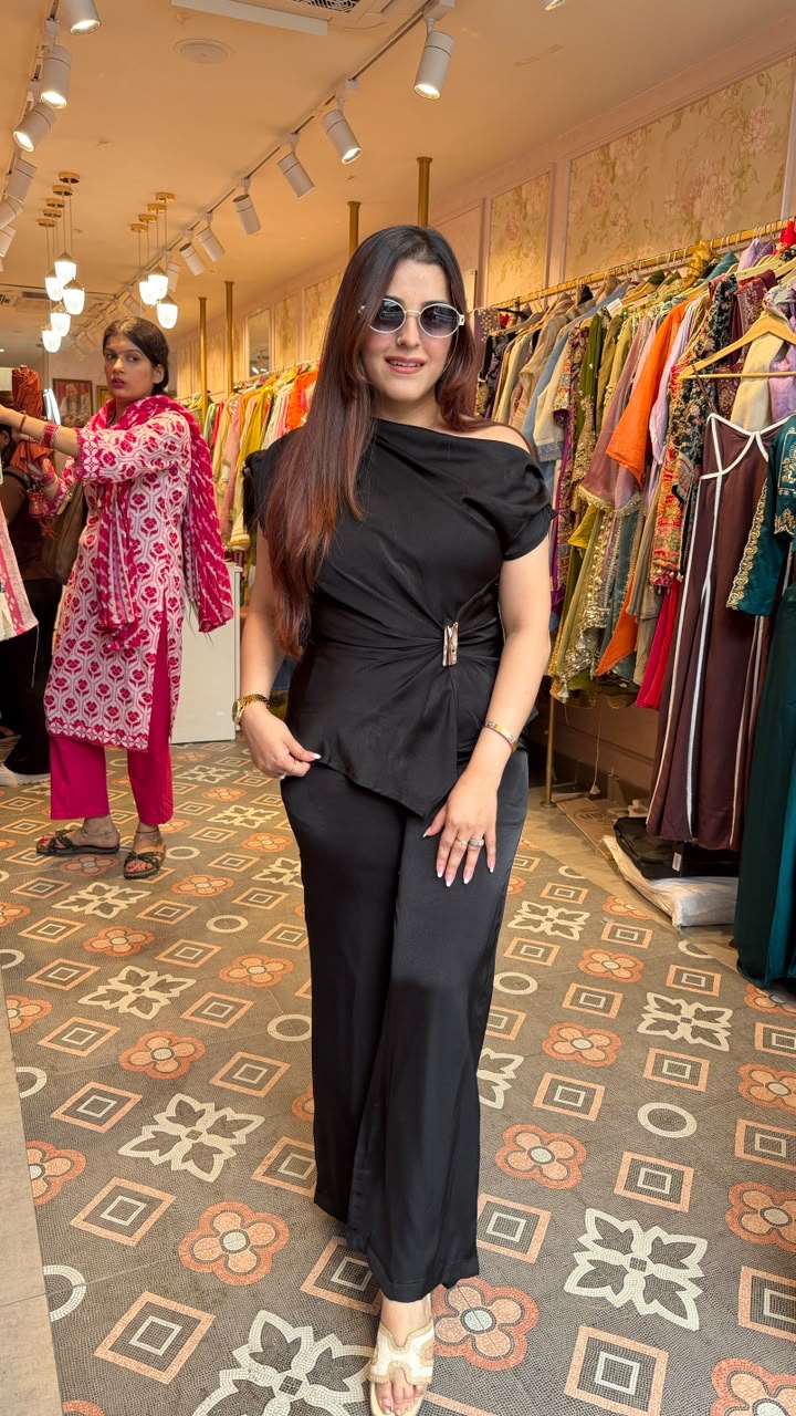 One-Shoulder Cowl Drape Top with Flared Pants