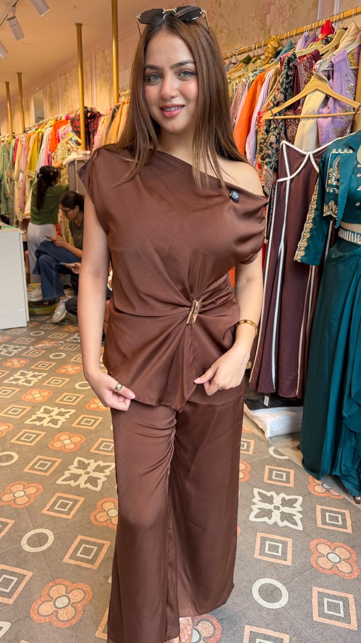 One-Shoulder Cowl Drape Top with Flared Pants